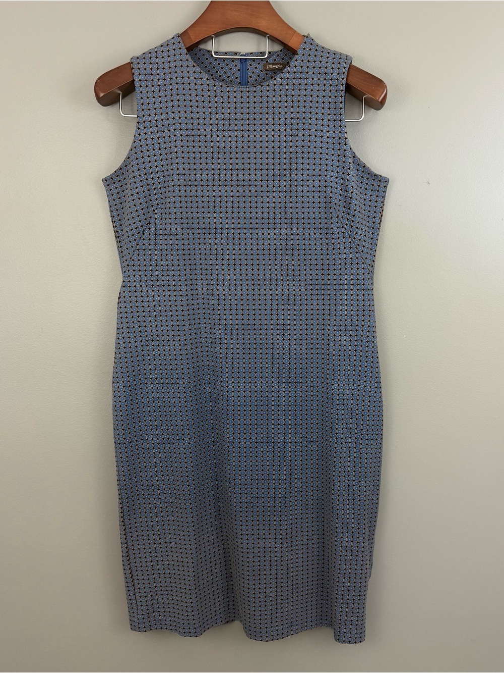J. McLaughlin Size Large Sleeveless Knit Sheath Dress Geometric Blue Beige